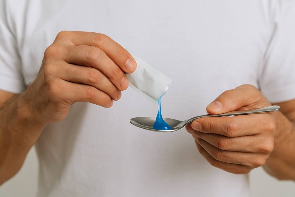 Uomo che apre una bustina monodose con gel orale, simbolo dell’assunzione di Kamagra in formato jelly.