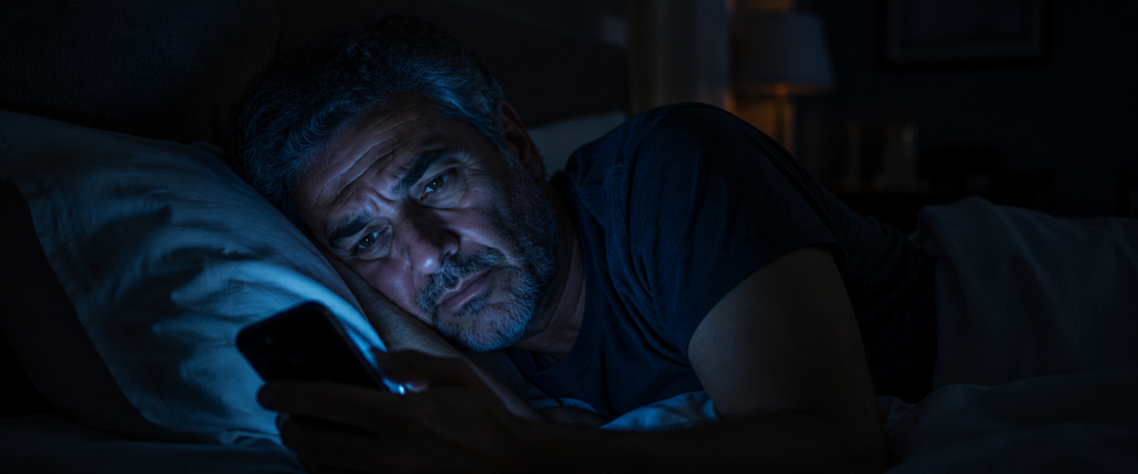 Uomo di mezza età a letto insonne con la luce dello smartphone sul viso al buio