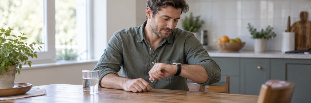 Uomo controlla il tempo d’attesa prima dell’effetto del farmaco